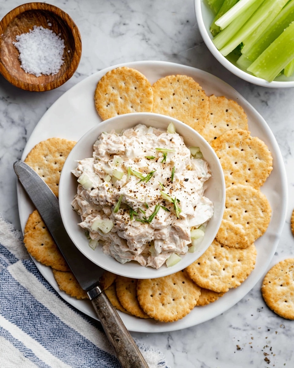 A white plate with round scalloped-edge pale golden crackers arranged in a small pile. One cracker on top holds a creamy white spread with small green pieces mixed in, sprinkled with black pepper and small chopped green herbs. The plate sits on a white marbled surface with a few scattered crumbs and green herb pieces nearby. In the background, a white bowl with a beaded rim shows more of the creamy spread inside, and another white bowl with light green celery sticks is partially visible. Photo taken with an iphone --ar 4:5 --v 7