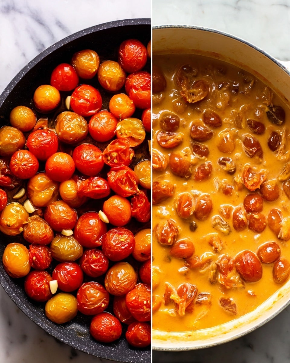 The image shows two stages of a tomato dish side by side. On the left, there is a black pan filled with small, roasted tomatoes in shades of bright red, orange, and golden yellow, along with whole garlic cloves that have a light golden color and a slightly wrinkled texture. The tomatoes look softened and shiny with bursts on their skin, sitting on a white marbled surface. On the right, the cooked tomatoes are now in a creamy sauce inside a white pot. The sauce is orange with a smooth texture mixed with chunks of tomatoes that vary from dark red to the same bright orange shown earlier. The sauce looks thick and rich with visible pieces of softened garlic and tomato skin. Photo taken with an iphone --ar 4:5 --v 7