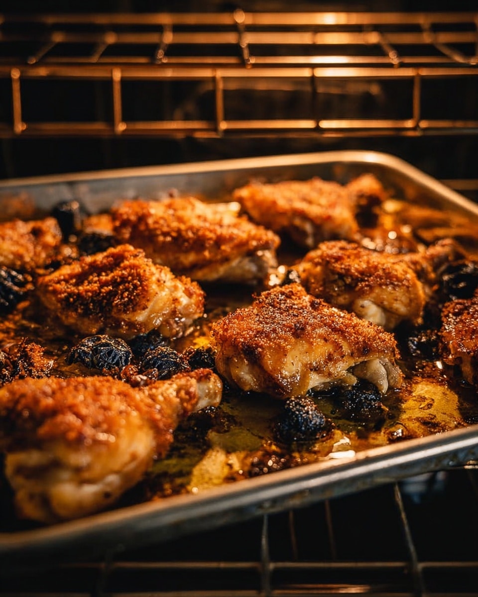 The image shows a silver metal baking tray inside an oven rack filled with crispy roasted chicken pieces and small dark-colored roasted cloves or spices scattered around. The chicken pieces are golden brown with a crunchy texture on top, and some parts are darker and charred. The tray has a shallow layer of oil or juices at the bottom, reflecting the warm oven light. The background shows oven bars and the metal rack with a dim warm glow. Photo taken with an iphone --ar 4:5 --v 7