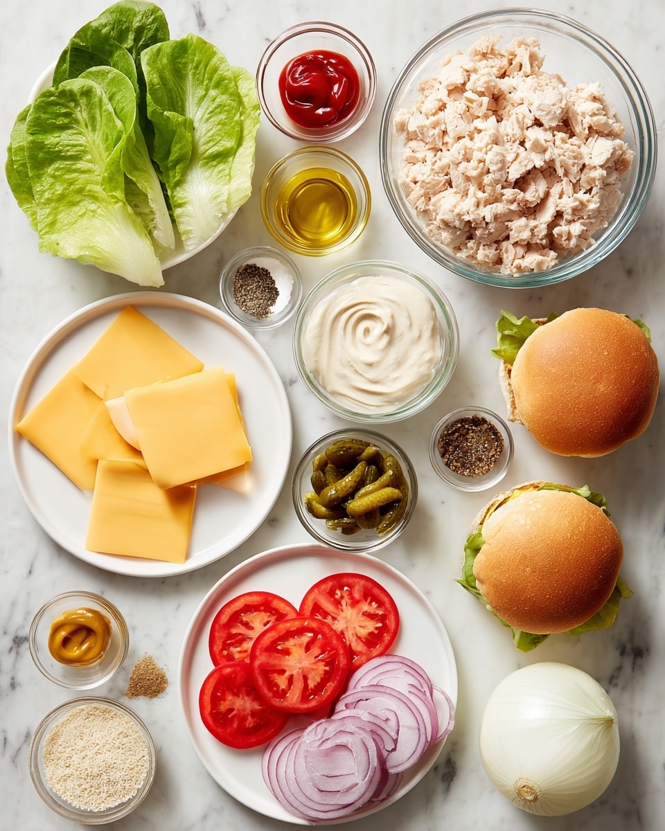 A top view of various ingredients neatly arranged on a white marbled surface. There is a clear glass bowl on the upper right filled with light beige minced chicken. To its right are two golden brown round sandwich buns, halved. Below the bowl is a small clear bowl with creamy white mayonnaise, with another small bowl of chopped green pickles beside it. To the left of these are fresh green lettuce leaves on a white plate, next to a small bowl with light beige breadcrumbs. Close to the center left is a white plate with three bright red tomato slices and several purple onion rings. Above this plate, a white plate holds six square slices of yellow cheese. Small bowls containing red ketchup, yellow mustard, black pepper, white salt, brown sauce, and a small white pat of butter are scattered around the main ingredients. A small white onion half and a bowl of red spice are near the bottom right corner. The arrangement is clean, colorful, and organized. photo taken with an iphone --ar 4:5 --v 7