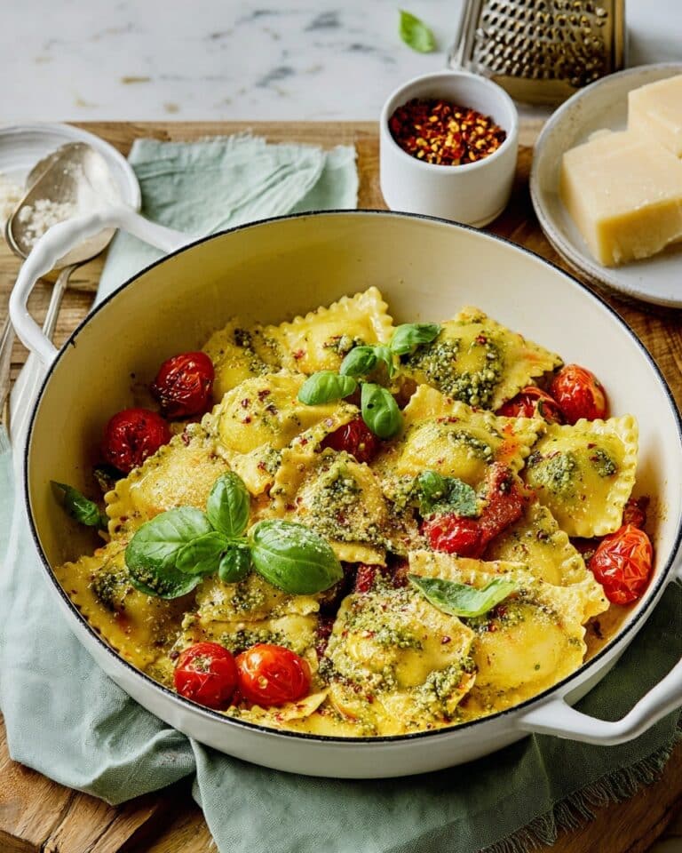 Pesto Ravioli with Cherry Tomatoes and Garlic Recipe