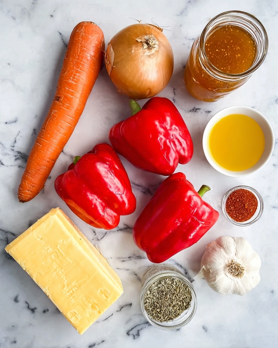 The image shows several fresh ingredients laid out on a white marbled surface. There is a large, bright orange carrot positioned diagonally at the top left, next to a round yellow onion with dry outer layers. Below the carrot, three shiny red bell peppers are arranged in a loose group, with one slightly in front. A block of yellow cheese is placed at the bottom left, with a glass jar filled with a golden-brown liquid next to it. Near the top right, a small white bowl contains a bright yellow liquid, while next to it a tiny glass container holds dried mixed herbs. A whole garlic bulb and a small clear cup filled with red powder spice are arranged nearby. photo taken with an iphone --ar 4:5 --v 7