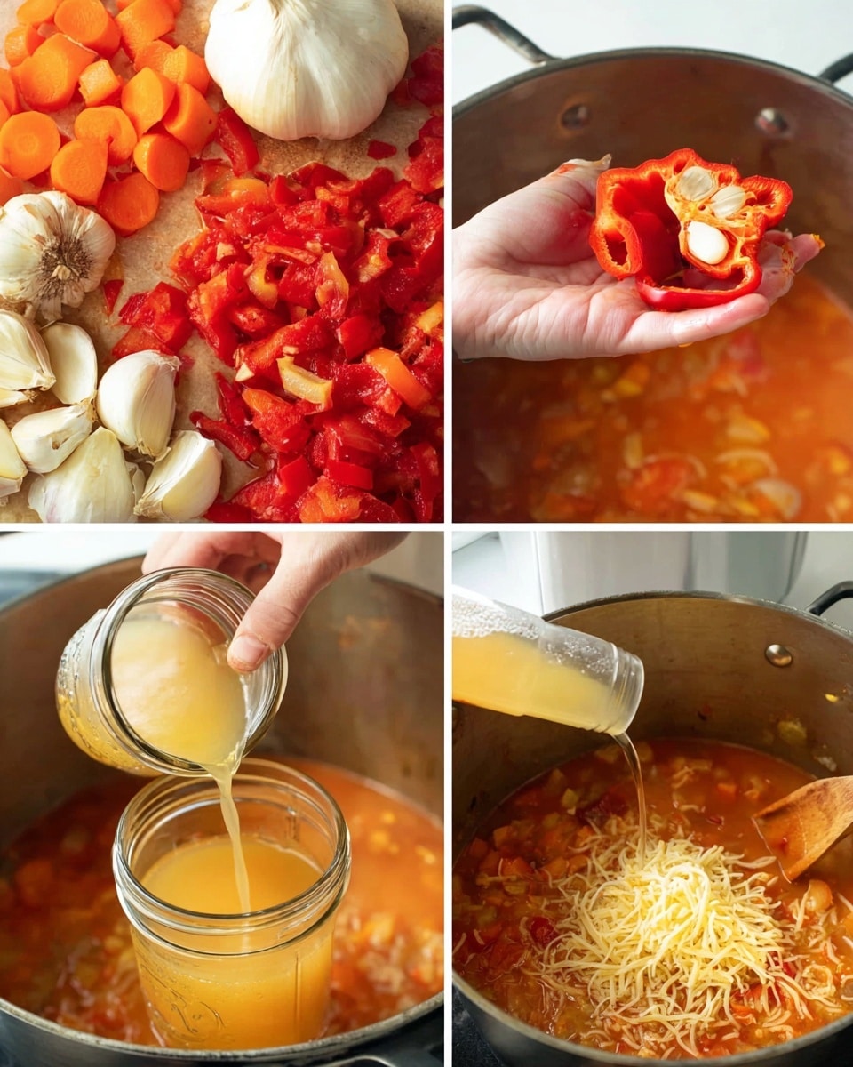A collage of six images showing the process of making a red pepper and vegetable soup; the first image shows a close-up of red pepper pieces, carrots, onion chunks, and a whole garlic head all laid out together, showing bright reds, orange, and white colors; the second image shows a woman's hand holding a peeled roasted red pepper near a pot; the third image shows a woman's hand squeezing roasted garlic cloves out of their skins over a pot; the fourth image shows a woman's hand pouring light yellow broth from a glass jar into a pot filled with the vegetables; the fifth image shows an immersion blender mixing the cooked orange and red soup in a pot, creating a smooth texture; the sixth image shows shredded pale yellow cheese being added on top of thick red-orange soup in the pot with a wooden spoon visible. Photo taken with an iphone --ar 4:5 --v 7
