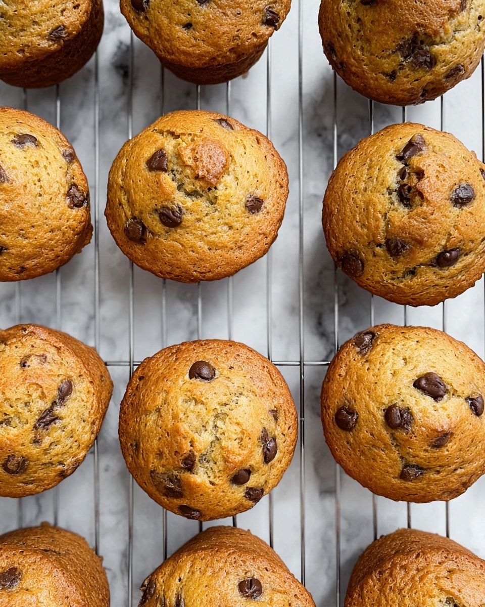 The image shows golden brown muffins with slightly cracked tops, revealing a soft, moist texture inside. Each muffin is dotted with small, dark chocolate chips that add contrast against the light brown muffin batter. The muffins are placed evenly on a silver wire cooling rack, which is set on a white marbled surface. The muffins appear fluffy and well-risen, with a natural, homemade look. photo taken with an iphone --ar 4:5 --v 7