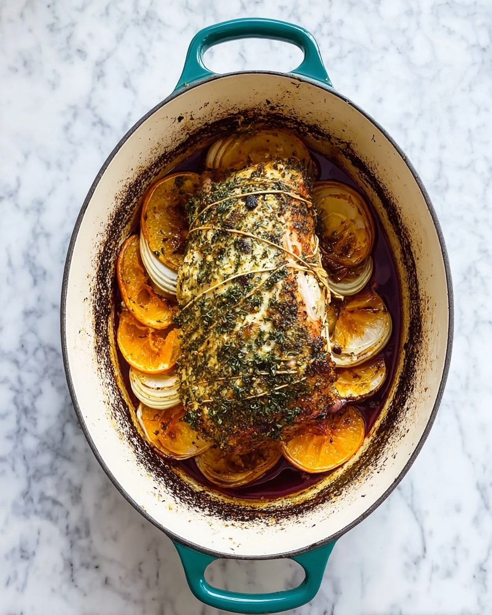 A white oval cooking pot with teal handles sits on a white marbled surface, holding a roasted meat piece tied with string and covered in herbs. Underneath, there are visible layers of orange slices and thick onion slices arranged flat, showing their circular shapes and textures. The edges of the pot show dark browned spots where the juices have cooked, contrasting the white interior. The meat has a golden brown color with a rough, herb-covered texture. Photo taken with an iphone --ar 4:5 --v 7