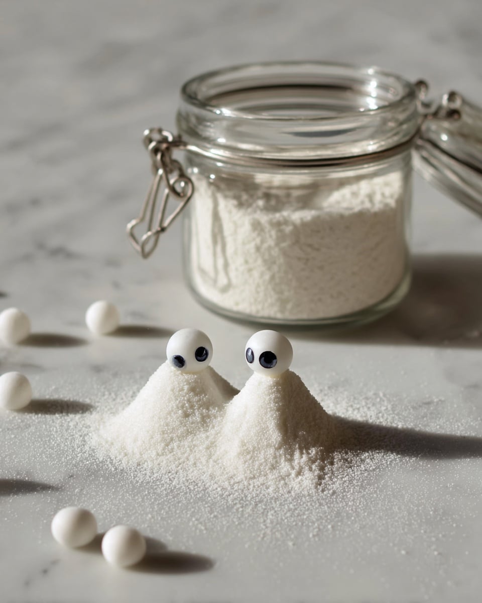 Two small white mound-shaped figures stand on a bed of grainy white powder spread on a smooth white marbled surface. Surrounding the mounds are scattered small round white pieces with single black dots resembling eyes. Behind them, a clear glass jar filled halfway with the same grainy white powder has a metal clasp lid, partially open. Soft natural light highlights the texture contrast between the fine powder, the smooth mounds, and the glossy eyed pieces. Photo taken with an iphone --ar 4:5 --v 7
