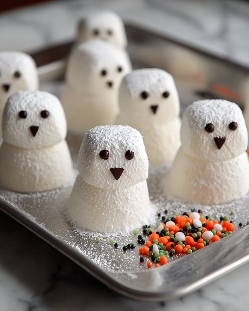 The image shows six small ghost-shaped treats made of soft white marshmallow, each about three layers thick, with the bottom layer wide and round, middle layer tapering in, and top layer rounded at the head. They have two small round dark chocolate eyes and a small oval-shaped dark chocolate mouth. The marshmallows are covered lightly with powdered sugar giving a snowy texture on top and around the shapes. They sit on a silver tray sprinkled with powdered sugar, alongside a small pile of tiny round orange, green, white, and black candy sprinkles. The background surface is a white marbled texture. photo taken with an iphone --ar 4:5 --v 7