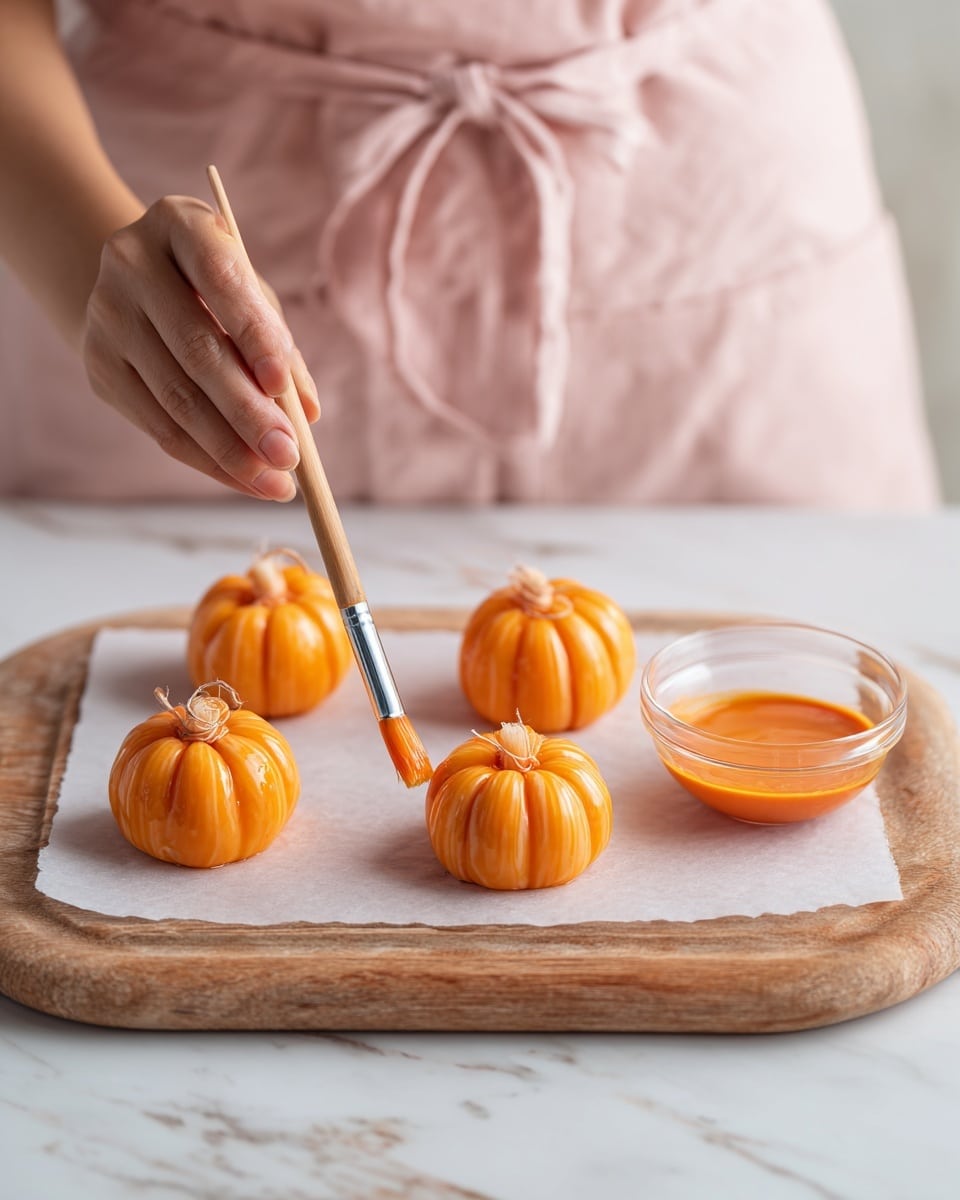 The image shows four small pumpkin-shaped dough pieces on white baking paper on a wooden board, with two dough pieces being coated in an orange glaze using a woman's hand holding a brush; the dough pieces are tied with string to hold the pumpkin shape, and a transparent bowl with orange glaze is placed on the right side of the board, all set on a white marbled surface with the person wearing a soft pink apron in the background photo taken with an iphone --ar 4:5 --v 7