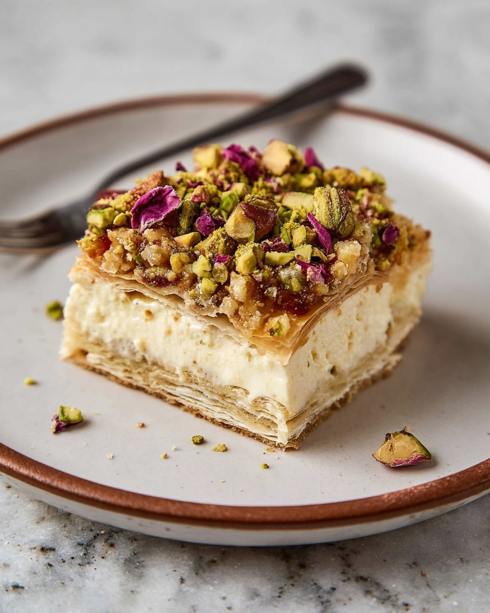 The image shows a square piece of layered dessert on a white plate with a brown rim, placed on a white marbled surface. The dessert has three main layers: the bottom layer is thin and crispy with a light golden-brown color, the middle layer is thick and creamy with a pale beige tone, and the top layer is chunky and textured, covered with a mix of green pistachios and nuts, dotted with small purple flower petals. The edges of the dessert have thin, flaky, light golden layers slightly peeling. A fork rests behind the dessert on the plate. photo taken with an iphone --ar 4:5 --v 7