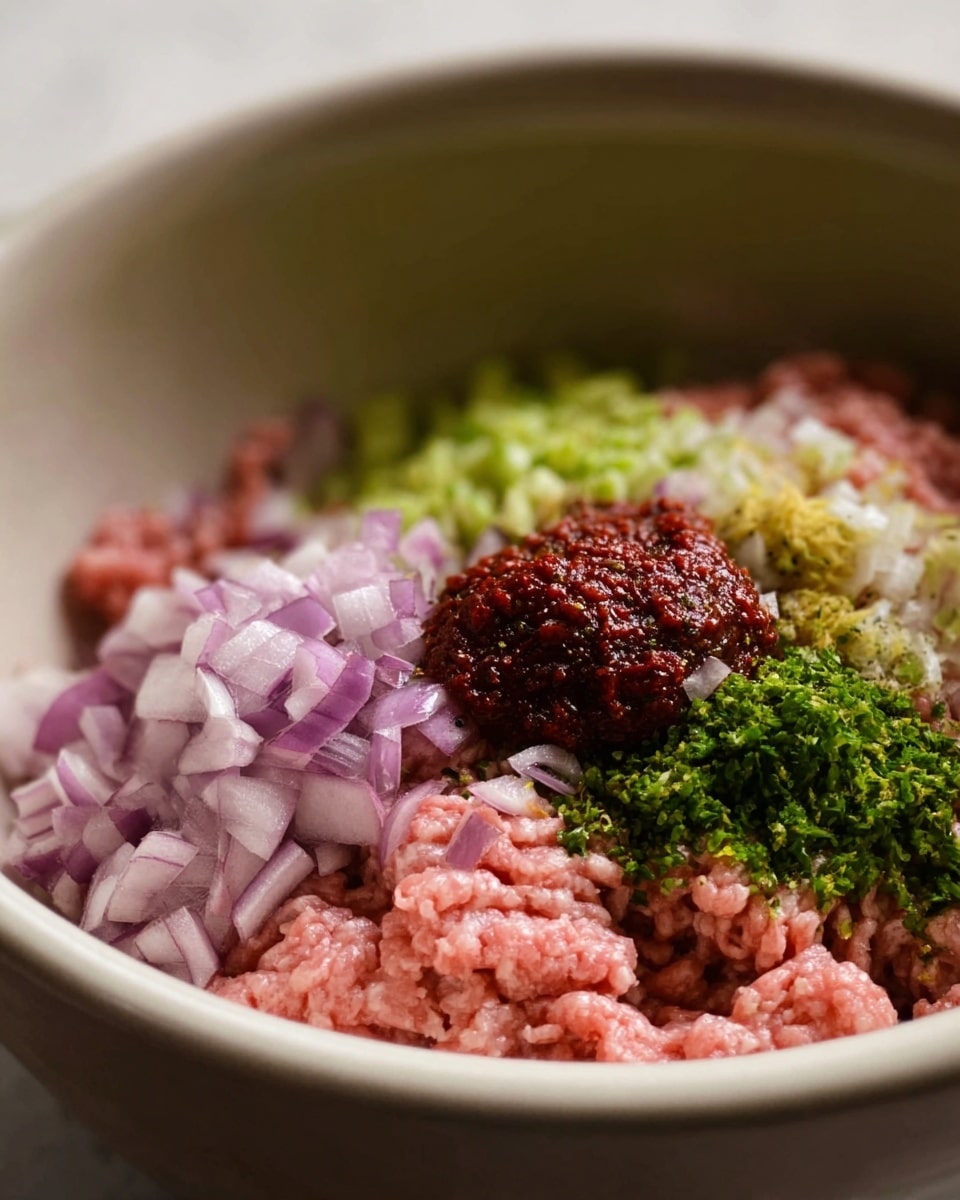 The image shows a close-up of a white bowl filled with light pink ground meat at the bottom as the main layer. On top of the meat, there are small piles of finely chopped light purple onions, minced garlic, bright green chopped herbs, and a dollop of dark red paste sprinkled with coarse salt. The textures vary from soft ground meat to wet, chunky vegetables and a thick paste, all arranged close together on a white marbled surface in soft lighting with a shallow depth of field. Photo taken with an iphone --ar 4:5 --v 7