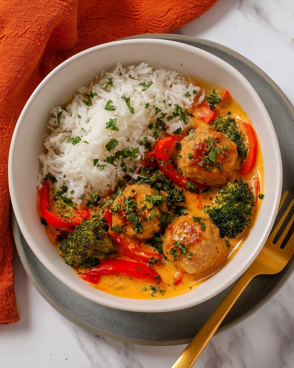 A white bowl contains a dish with two main parts: on the left half is a pile of white rice with a fluffy texture, and on the right half are three golden brown meatballs sitting in an orange creamy sauce. Among the meatballs are bright green broccoli florets and sliced red bell peppers, all mixed in the sauce. The top is sprinkled with small, chopped green herbs. The bowl rests on a gray plate, with a gold fork placed to the lower right side. The background is a white marbled surface with an orange cloth partly visible near the top photo taken with an iphone --ar 4:5 --v 7