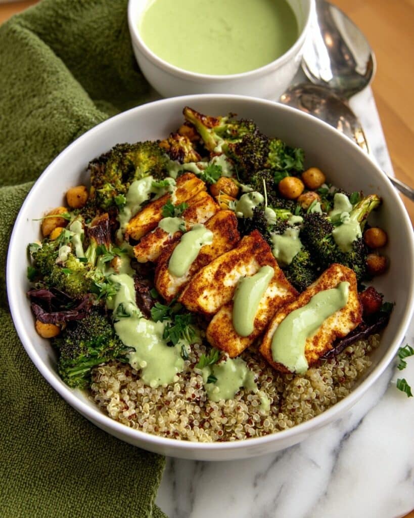 Crispy Broccoli and Halloumi Bowls with Herby Garlic Tahini Recipe