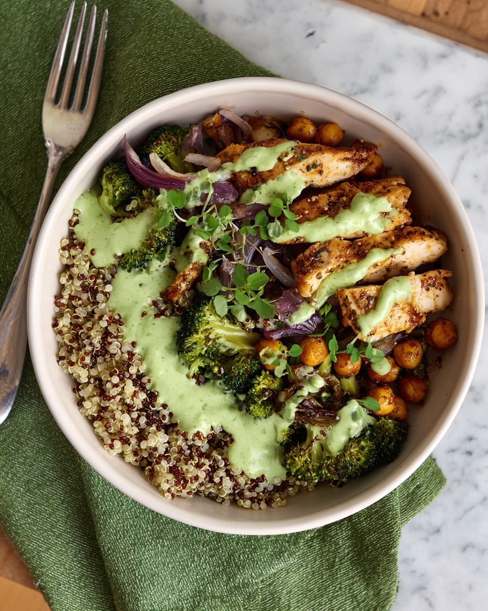 A white bowl filled with three clear layers starts with a base of cooked mixed quinoa in light beige, white, and dark brown colors covering about half of the bowl. On top of the quinoa, there is a layer of golden brown cooked strips of chicken placed slightly off-center. The last layer consists of roasted broccoli, chickpeas, and red onion slices, with a light green creamy sauce drizzled unevenly on top. Small fresh green herb leaves are scattered over the sauce, adding contrast. The bowl rests on a green cloth napkin with a silver fork nearby, and the background is a white marbled texture. Photo taken with an iphone --ar 4:5 --v 7