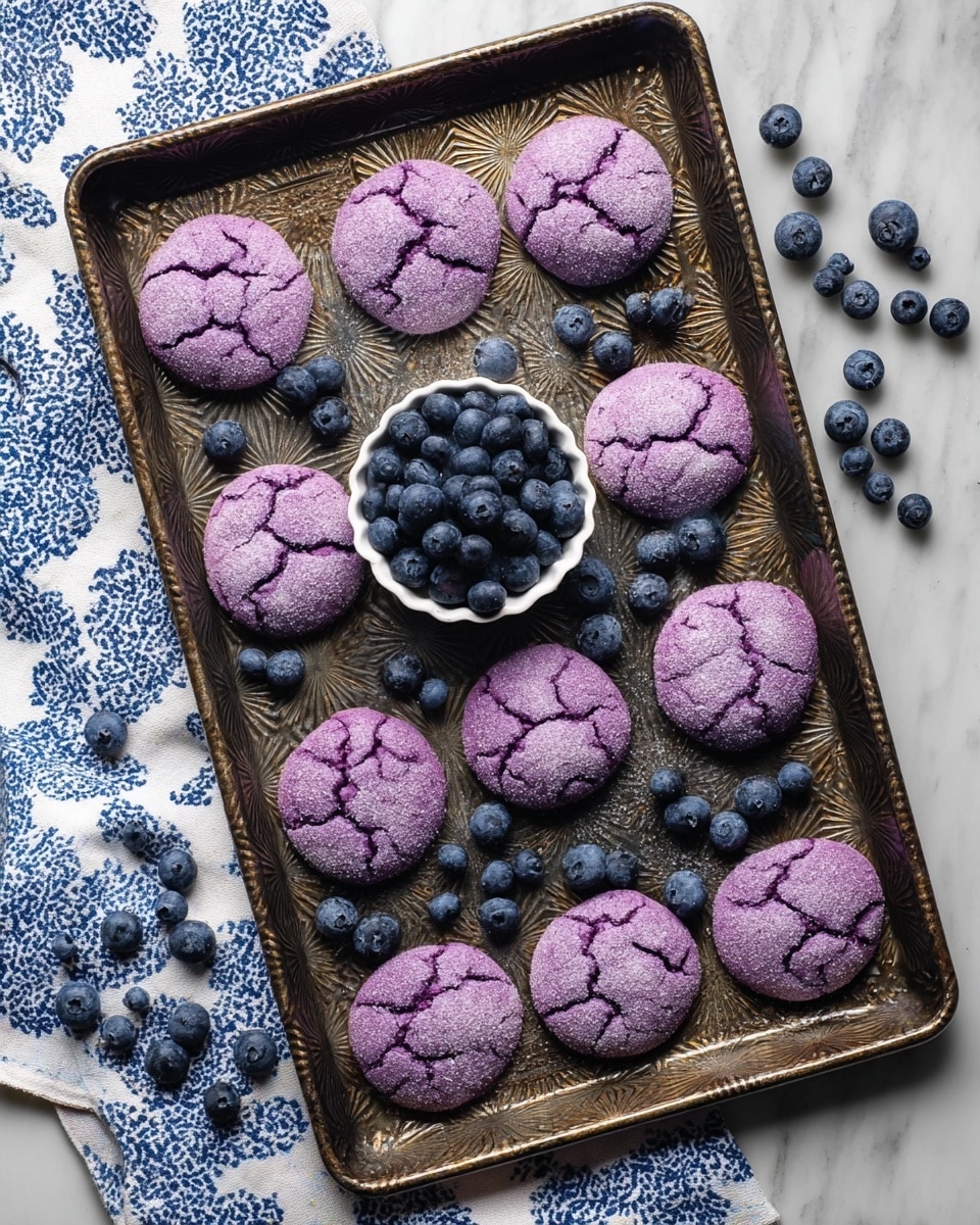 A baking tray holds eleven round, purple cookies with a cracked texture and a light dusting of sugar on top. The cookies are arranged in an irregular grid with some bright blue blueberries scattered evenly around them on the tray. In the center of the tray is a small white tart tin filled with fresh blueberries. Beneath the tray, a white fabric with blue patterns is partly visible on a white marbled surface. The tray itself has a dark, detailed edge. Photo taken with an iphone --ar 4:5 --v 7