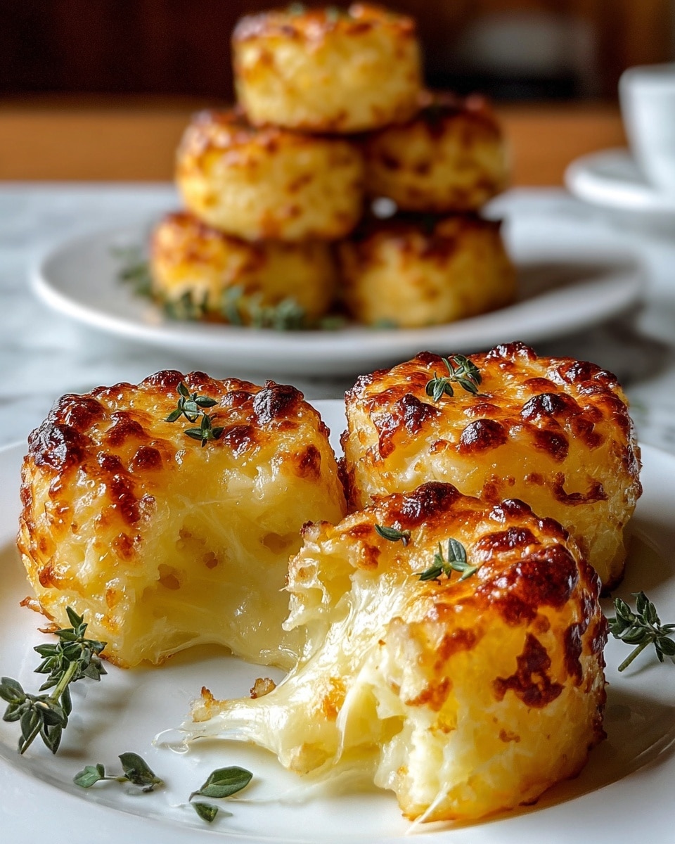 The image shows a white plate with six small round cheese bites that have a golden-brown crispy outer layer. Each cheese bite has a slightly uneven, bubbled texture on the outside, showing a baked crust with some darker spots. One cheese bite in the front has a soft, gooey inside visible where a bite is taken out, revealing light yellow and creamy cheese that looks melted and stringy. Small green herb leaves are sprinkled on and around the cheese bites, adding a fresh touch. In the background, more cheese bites are stacked on another white plate, blurred softly over a white marbled table surface photo taken with an iphone --ar 4:5 --v 7