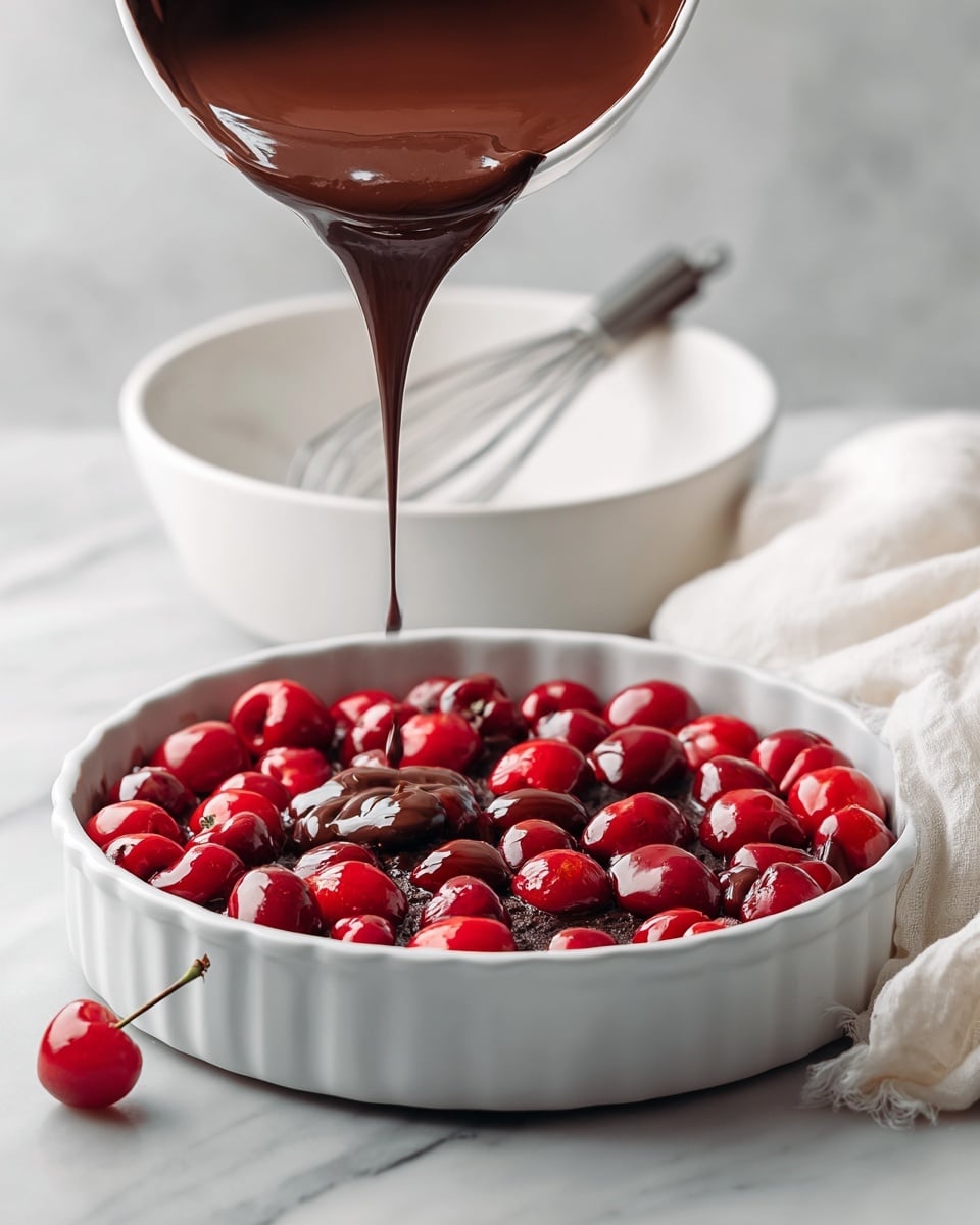 A round white baking pan filled with a bright layer of whole red cherries is shown, with a rich, dark chocolate liquid being poured over the cherries from a white bowl held above. The chocolate flows in a smooth, thick stream, starting to cover the cherries below. In the background, there is a white bowl with a whisk inside, sitting on a white marbled surface. A single cherry with a stem lies near the pan on the same surface. A white cloth is softly draped to the side. Photo taken with an iphone --ar 4:5 --v 7