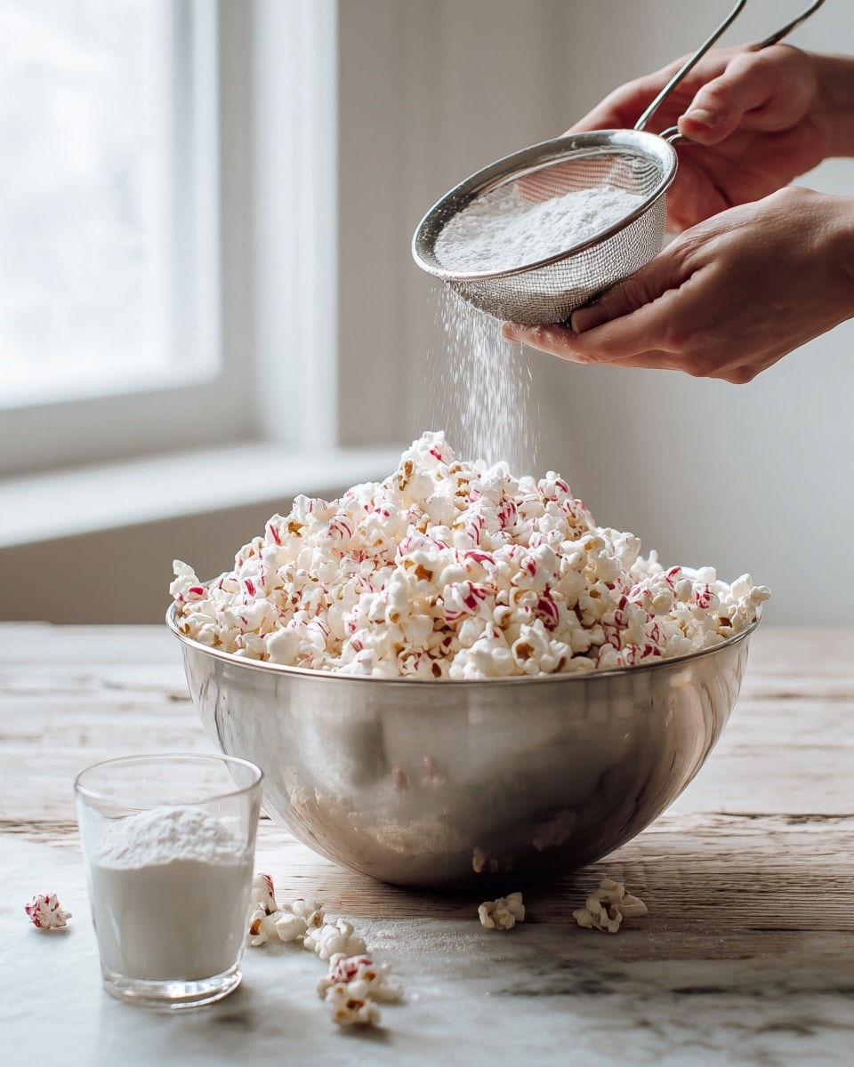 A large silver bowl filled with a heap of white popcorn that has red streaks on some pieces sits on a wooden table with a white marbled texture. Above the bowl, a woman's two hands hold a metal fine mesh sieve, pouring white powder softly onto the popcorn. Next to the bowl on the table is a small clear glass filled with more white powder. The light is soft and natural, coming from a window in the blurred pale background. photo taken with an iphone --ar 4:5 --v 7