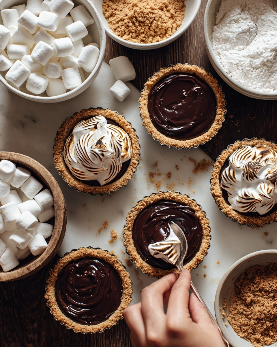 There are five small tarts with golden crumb crusts. Four of the tarts are filled with smooth, shiny dark chocolate, with three topped with swirled, lightly toasted white marshmallow cream that is fluffy and browned in spots, and one tart has a spoon resting in it, showing the marshmallow cream inside. One tart is just plain dark chocolate filling with no topping. Around the tarts, there are several white bowls filled with marshmallows, graham cracker crumbs, flour, and dark melted chocolate. A woman's hand is seen at the bottom placing or working with a tart. All this is on a white marbled surface photo taken with an iphone --ar 4:5 --v 7