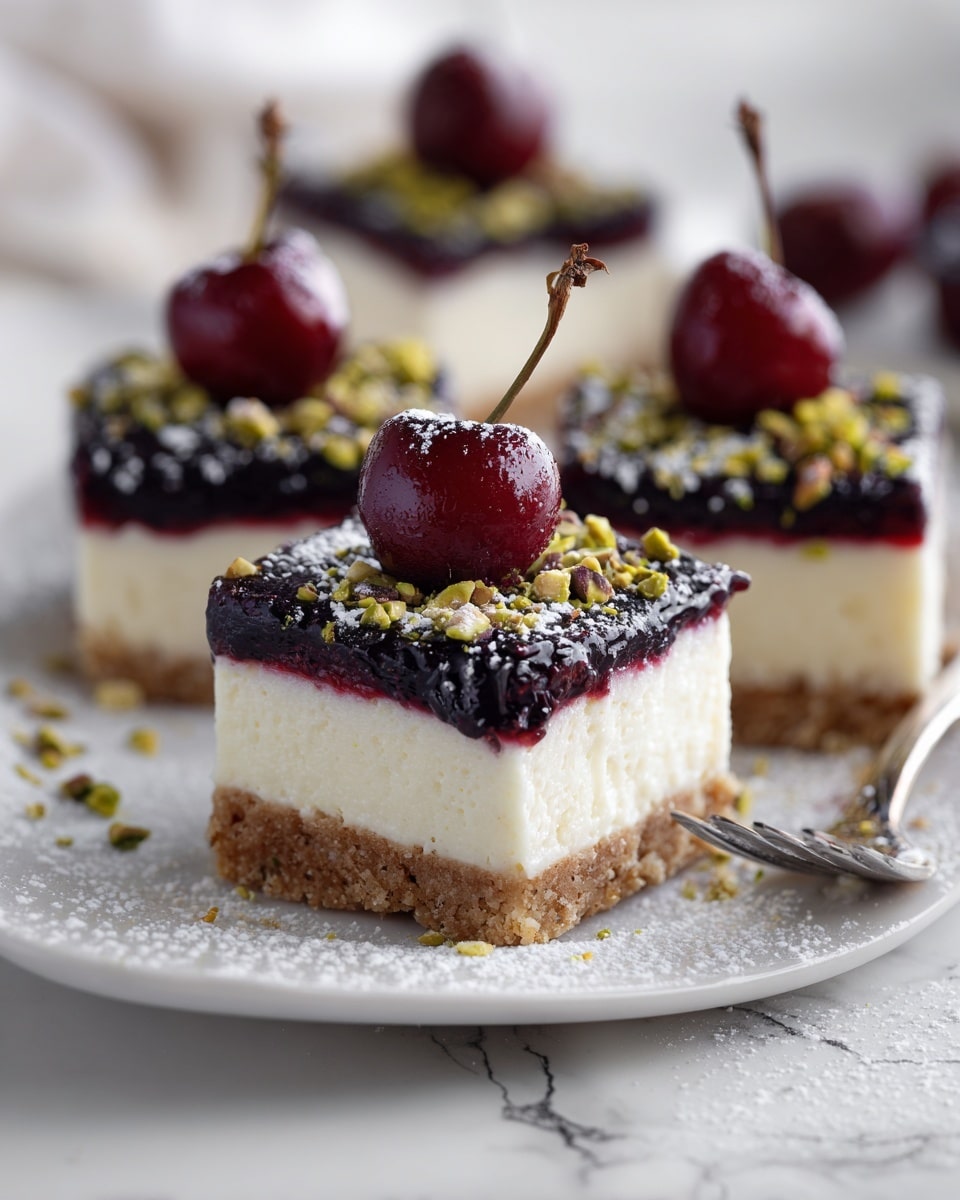 The image shows small square cheesecake pieces on a white plate with a white marbled surface underneath. Each piece has three layers: a crumbly brown base at the bottom, a thick creamy white middle layer, and a glossy dark purple topping with bits of crushed green pistachios sprinkled on top. On the top center of each piece, there are two shiny red cherries with stems. Powdered sugar is lightly dusted over the cherries and the plate. A silver fork is placed near the front cheesecake piece. Photo taken with an iphone --ar 4:5 --v 7