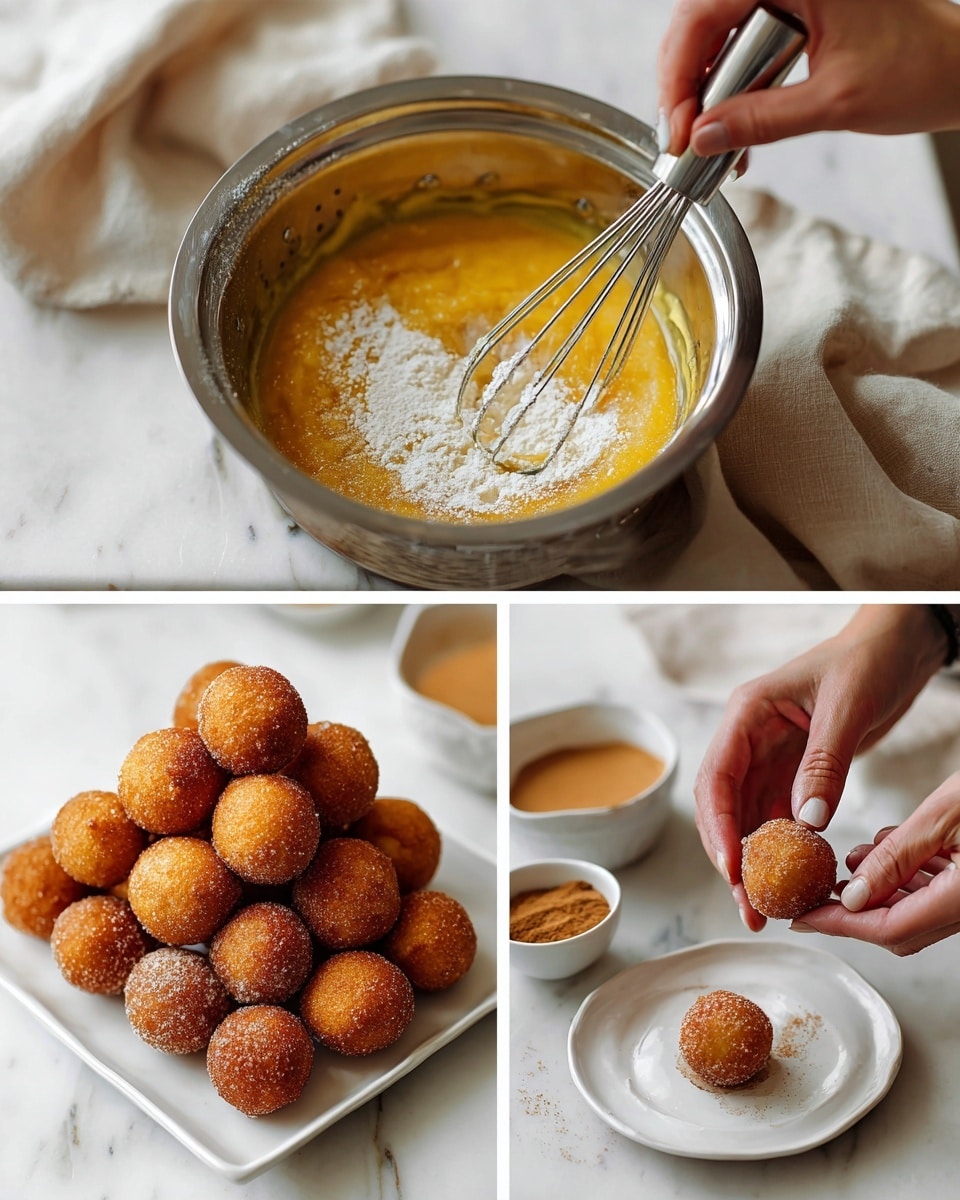 A photo with three parts shows making round fried dough balls. The top part has a metal bowl with a thick yellow dough mixed with some white powder on top as a woman's hand holds a whisk stirring it. The bottom left shows a square white plate stacked with golden brown fried balls covered in sugar, next to a blurred bowl of cinnamon sugar. The bottom right shows a white plate with ten sugar-coated fried balls arranged with a small white bowl of cinnamon sugar beside them, while a woman's hands pick up one ball. The background is a white marbled surface with soft natural light. Photo taken with an iphone --ar 4:5 --v 7