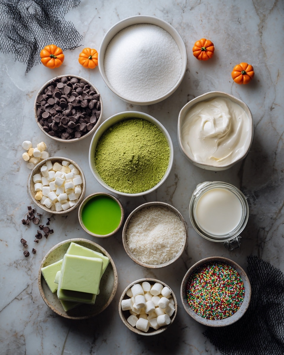 The image shows a top-down view of various ingredients arranged neatly on a white marbled surface. There are ten white bowls, each holding a different ingredient: large white granulated sugar, dark chocolate chips, thick white cream in a jar, white powder mixed with liquid in a small bowl, bright green powder, tiny white marshmallows, small white cubes resembling butter, shredded coconut, colorful round sprinkles, and pale green square pieces stacked in one bowl. Scattered around the bowls are small orange pumpkin-shaped decorations and a black mesh fabric for decor. The photo taken with an iphone --ar 4:5 --v 7