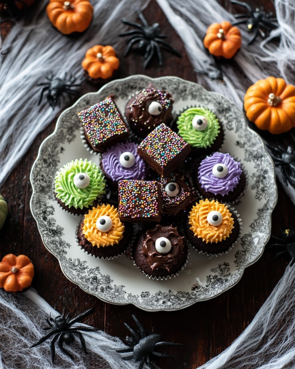 A white plate with a detailed gray floral pattern on the edge holds 14 small chocolate cupcakes arranged in a loose cluster. Seven cupcakes are square-shaped with a smooth dark chocolate topping sprinkled with small, round, colorful candy sprinkles in pastel shades. The other seven cupcakes are round with ruffled icing in three colors: green, purple, and orange, each topped with a single large candy eye. The plate sits on a dark wooden surface covered with white spider web decorations, with small orange mini pumpkins and black spider decorations scattered around. Photo taken with an iphone --ar 4:5 --v 7
