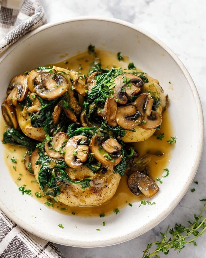 Baked Potatoes with Mushrooms and Spinach Drizzled with Vegan Gravy Recipe