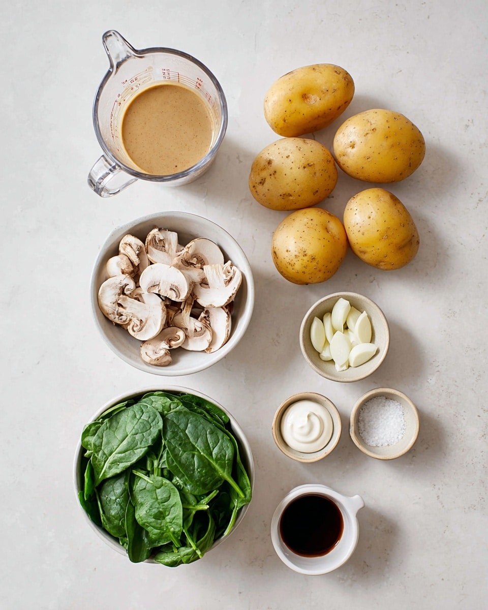 The image shows a clean white marbled surface with several ingredients arranged neatly. There are four whole yellow-brown potatoes on the upper right, a clear glass measuring cup filled halfway with a beige sauce on the upper left. Below the potatoes and sauce, there is a white bowl filled with sliced brown mushrooms on the left and another white bowl with fresh green spinach leaves below it. In the center, small beige bowls contain thin white garlic slices, a small amount of light brown liquid, white salt crystals, a blob of white cream, and a small amount of dark soy sauce. All items are spaced evenly and clearly visible, photo taken with an iphone --ar 4:5 --v 7