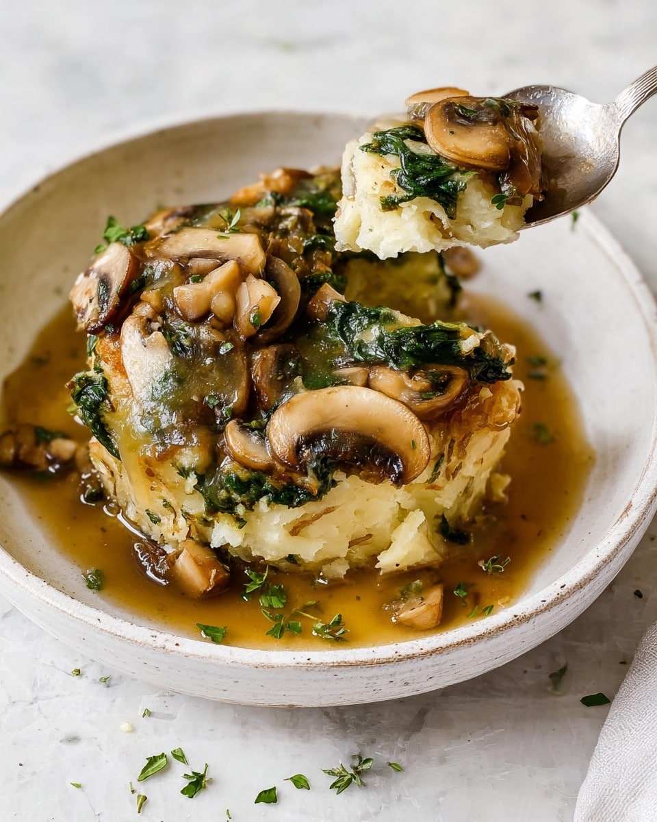 The dish shows three baked potatoes placed in a round white bowl, each topped with a layer of cooked spinach and sliced brown mushrooms. The mushrooms have a soft, slightly shiny texture, and the spinach adds a deep green color contrast. There is a light brown sauce drizzled over the potatoes and vegetables, pooling slightly at the bottom of the bowl. Chopped green herbs are lightly sprinkled over the top and around the bowl edges. The bowl sits on a white marbled surface with a corner of a checkered cloth nearby. Photo taken with an iphone --ar 4:5 --v 7