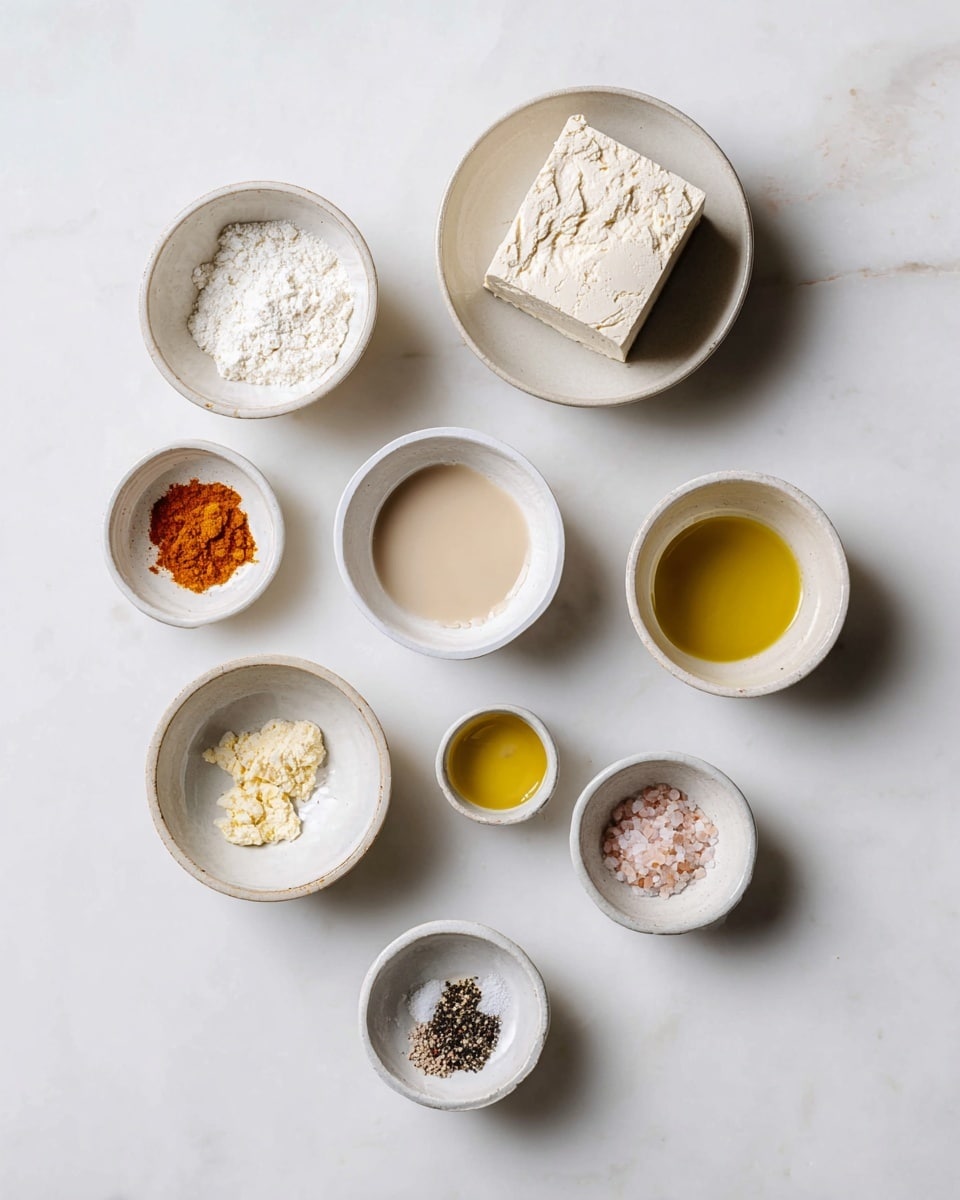 The image shows eight small white bowls arranged on a white marbled surface. The top right bowl holds a large block of light beige tofu with a crumbly texture. To its left, a bowl contains a white powdery substance. Below the tofu, there is a bowl filled with a smooth, light beige liquid. To the left of that, a small bowl has a few bright orange powder spices. Below this is a bowl filled with light yellow flakes. Below and to the right, another bowl has a mix of coarse white salt and black pepper. Near the bottom center, a bowl holds a golden yellow liquid, likely oil. Finally, the bottom bowl contains a small amount of coarse pink salt or seasoning. The setup is neat and clean, with soft natural light. Photo taken with an iphone --ar 4:5 --v 7