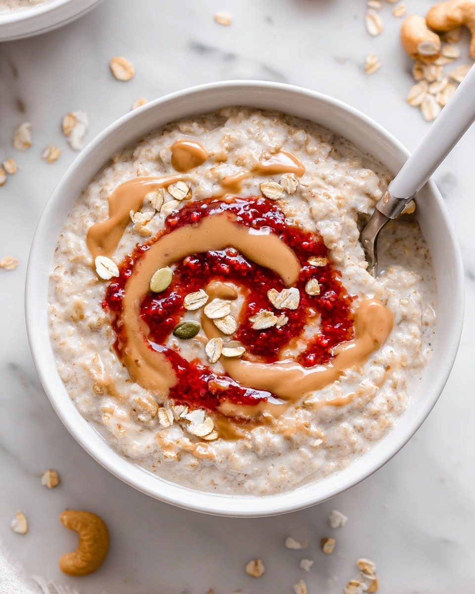 A white bowl filled with creamy oatmeal that has a soft, thick texture. On top, there is a swirl of bright red raspberry sauce in the center, layered with drizzles of smooth, light brown peanut butter spread over it. Scattered around the topping are light tan oats and a few pumpkin seeds, adding rough and crunchy texture. A white spoon is dipping into the oatmeal from the right side of the bowl. The bowl sits on a white marble surface with a few scattered oats and a whole cashew nut nearby. Photo taken with an iphone --ar 4:5 --v 7