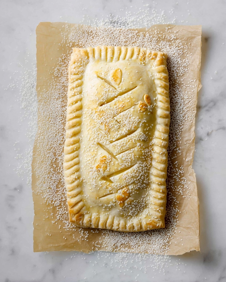 A rectangular pastry with crimped edges sits on parchment paper over a white marbled surface. The pastry is pale yellow and topped with an oval-shaped puff that has five diagonal slit cuts across its middle. Small flower-shaped dough pieces are placed along the edges of the slits, and the whole pastry is sprinkled with white sesame seeds. Photo taken with an iphone --ar 4:5 --v 7