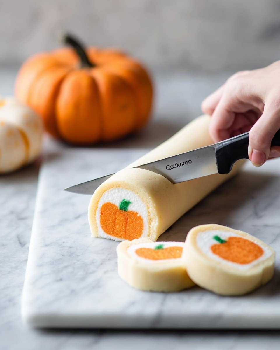 A woman's hand holds a black-handled knife slicing a roll-shaped cookie dough with a pumpkin design inside. The cookie dough roll has two layers: a thick creamy white outer layer and an orange inner layer shaped like a pumpkin with a small green stem on top. Two round slices of the dough lie on a white marbled surface next to the roll. A small orange pumpkin is blurred in the background, adding a fall theme to the scene. Photo taken with an iphone --ar 4:5 --v 7