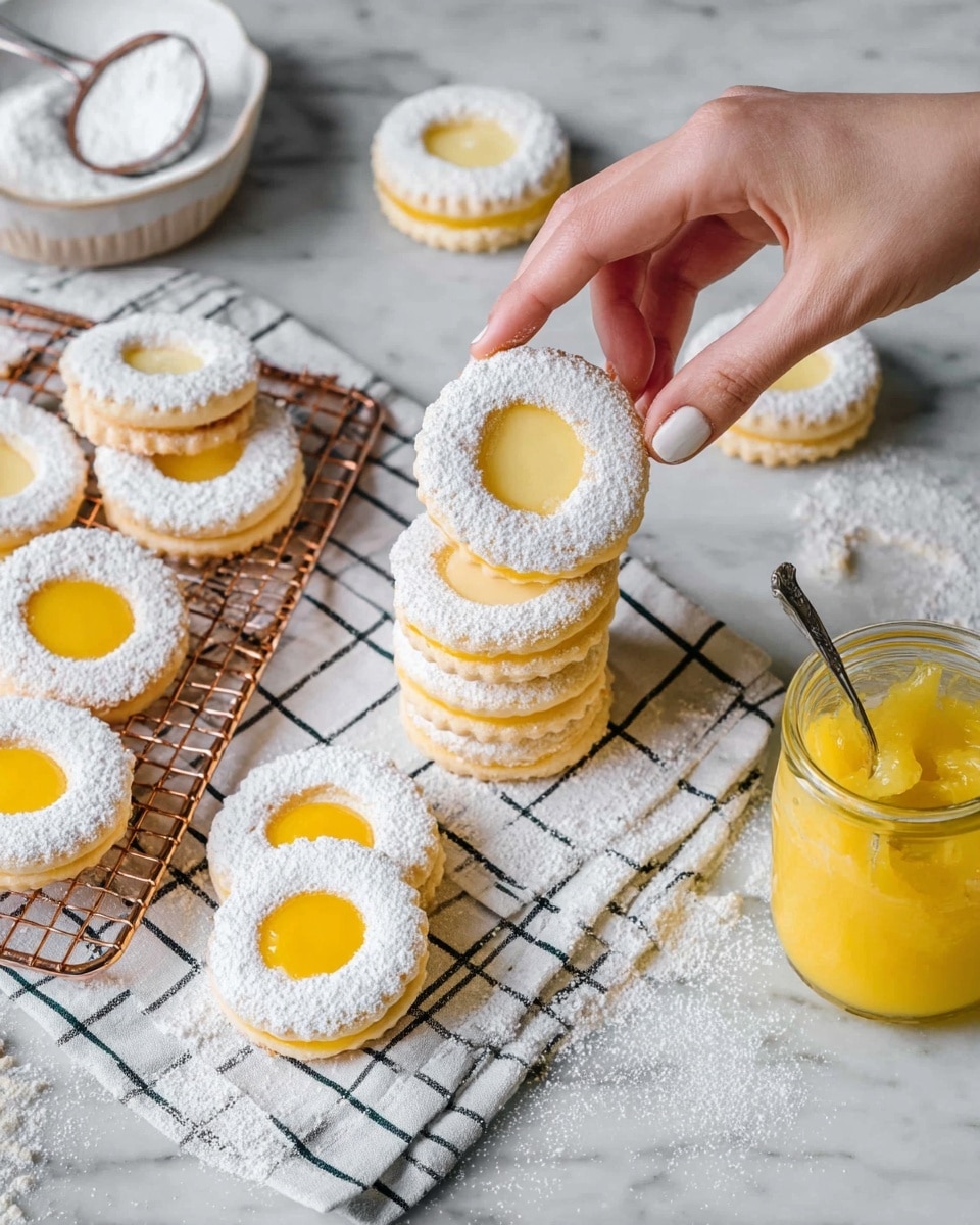 The image shows several round cookies with two layers: the bottom layer is a light golden biscuit and the top layer is a biscuit ring dusted with white powdered sugar, with a bright yellow lemon curd filling visible through the open center. Some of these cookies are stacked on a bronze wire cooling rack on top of a white and black checkered cloth, all placed on a white marbled surface. Scattered around are loose biscuit rings covered in powdered sugar and some plain biscuit rounds. On the right side, there is a jar of yellow lemon curd with a spoon inside. A woman's hand is holding one of the powdered sugar biscuit rings as if about to place it on the lemon curd layer. A small sifter with powdered sugar and a bowl filled with powdered sugar are also included in the scene, showing a bright and clean kitchen setting. photo taken with an iphone --ar 4:5 --v 7