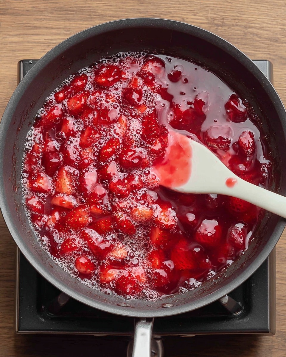 A close-up top view of a black pan filled halfway with bubbling bright red strawberry chunks simmering in syrup. On the right side of the pan, a white spatula is stirring the mixture, showing some of the shiny red syrup coating the spatula’s flat surface. The bubbles vary in size, giving the liquid a thick, syrupy look. The pan is set on a wooden surface with a part of the black burner visible below. photo taken with an iphone --ar 4:5 --v 7