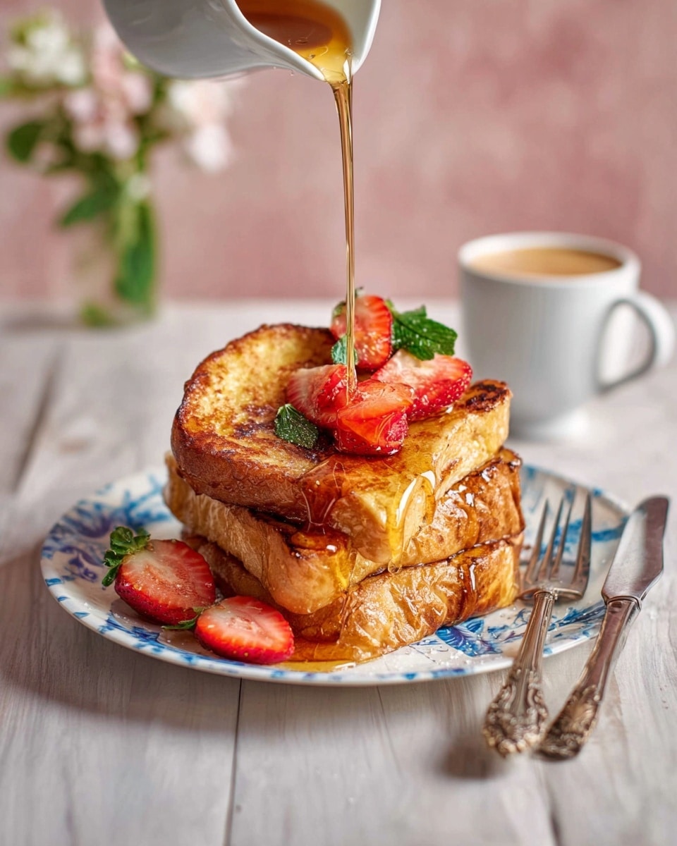 A stack of two thick, golden-brown French toast slices sits on a white plate with blue patterns, topped with halved fresh strawberries with green leaves. A golden syrup is being poured from a white jug onto the strawberries and toast, creating a dripping effect down the sides. The toast looks soft and fluffy with a slightly crisp edge. Beside the plate is a silver fork and knife with ornate handles. In the background, there is a white cup with light brown coffee on a light wooden table, all set against a soft pink wall and a white marbled surface. Photo taken with an iphone --ar 4:5 --v 7