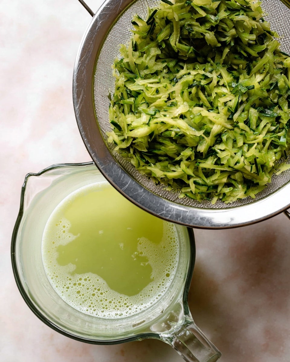A metallic strainer holds bright green shredded vegetable pieces with a moist, soft texture. The shreds are irregular in shape but mostly thin, with small bits of dark green skin visible. The strainer rests above a clear glass measuring jug which contains pale green liquid with some foam on top. Both items are set on a white marbled surface. photo taken with an iphone --ar 4:5 --v 7