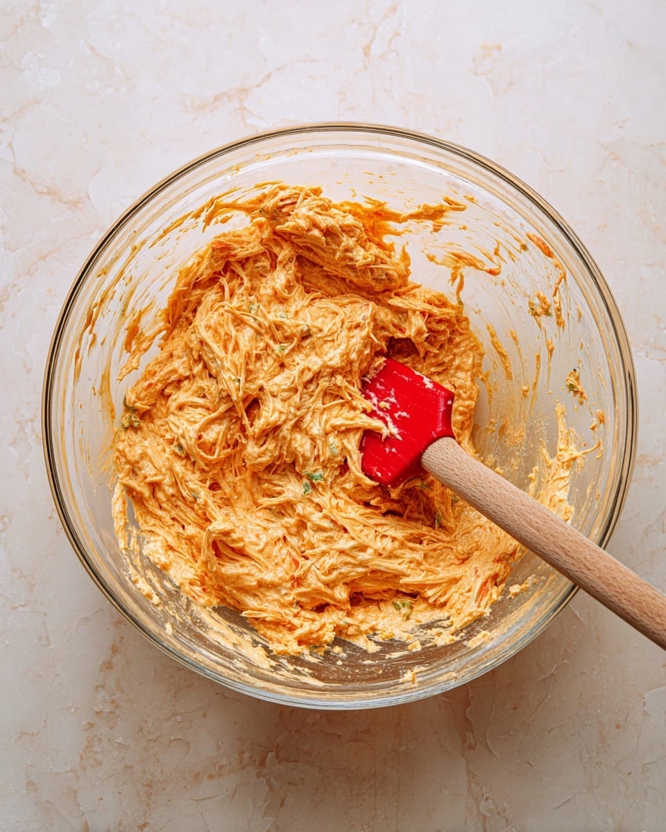A clear glass bowl sits on a white marbled surface, filled with a thick, creamy orange mixture containing visible strands of shredded food and small bits of light green pieces mixed throughout. A red spatula with a wooden handle rests inside the bowl, partially coated with the mixture, positioned on the right side. The texture looks smooth but dense with fibrous elements throughout. Photo taken with an iphone --ar 4:5 --v 7