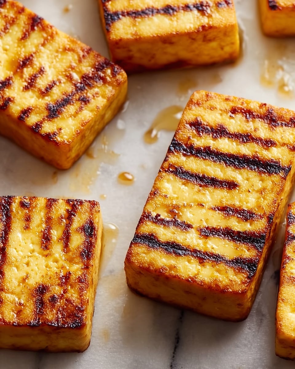 The image shows several rectangular blocks of tofu with golden brown grill marks on top, arranged on a white marbled surface covered with a sheet of parchment paper. The tofu pieces have a shiny, slightly oily texture, highlighting their cooked, crisp exterior and soft interior. The grill marks create a pattern of darker brown stripes across the yellowish-golden surface of each tofu block. The blocks are spaced apart with some droplets of oil visible around them, creating a freshly cooked appearance photo taken with an iphone --ar 4:5 --v 7