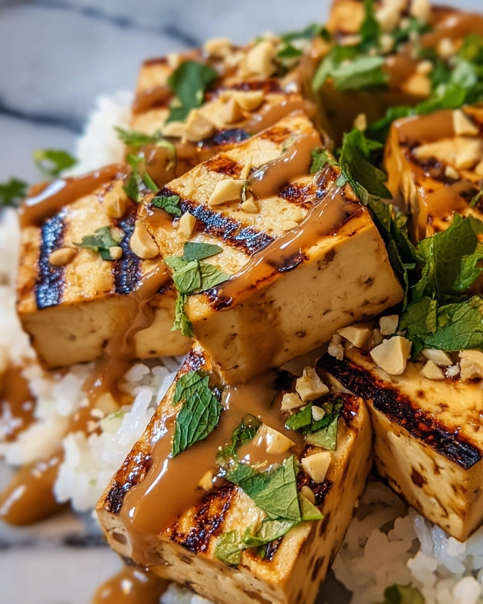 The dish shows a close-up of several cubes of grilled tofu with brown grill marks and a shiny, smooth, light brown sauce drizzled over them. The tofu cubes sit on a bed of white rice with a slightly sticky texture. There are green herbs sprinkled on top, possibly chopped parsley or cilantro, along with small pieces of nuts scattered over the tofu. The background is a white marbled surface. photo taken with an iphone --ar 4:5 --v 7