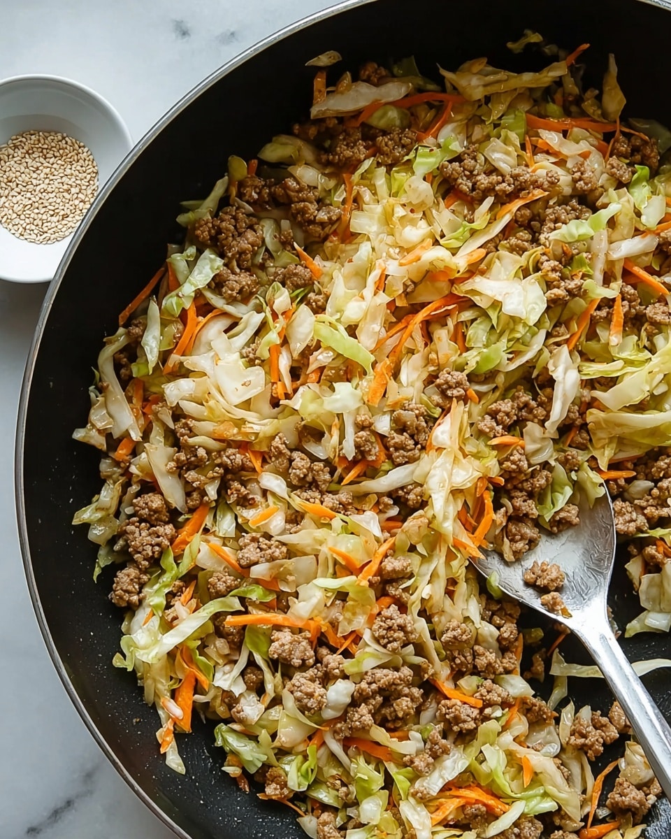 The image shows a close-up of cooked ground meat mixed with shredded cabbage and thin strips of orange carrot in a black non-stick pan. The cooked meat pieces are small and brown with a slightly crumbly texture. The cabbage is pale green and white, and the carrot adds bright orange accents spread evenly throughout the dish. A silver spoon rests inside the pan, partially covered by the mixture. The background is a white marbled surface with a small white bowl containing light-colored sesame seeds placed near the bottom left corner. Photo taken with an iphone --ar 4:5 --v 7