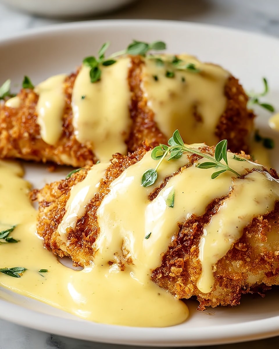 The image shows two pieces of golden brown breaded chicken on a white plate with a white marbled background. Each piece is topped with a thick, smooth creamy yellow sauce, spread in stripes along the top and a little pooling around the base. The chicken has a crunchy texture with visible crispy bits. Small green herb leaves are scattered on top of the sauce and on the plate edge, adding a fresh touch. The scene is well-lit, capturing the shine on the sauce and the rough texture of the chicken skin. photo taken with an iphone --ar 4:5 --v 7