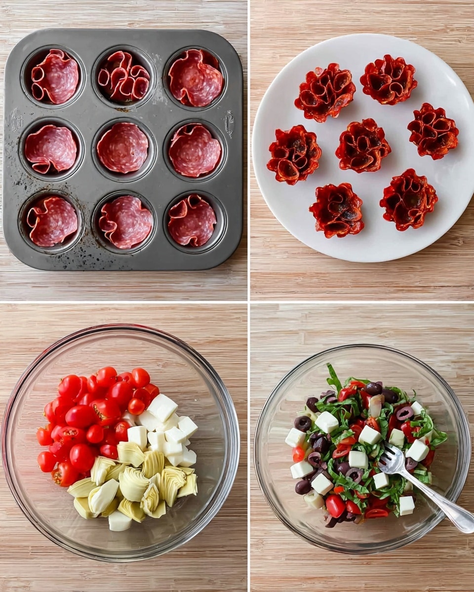 The image shows four steps of making a dish, arranged in a grid. Top left is a metal muffin tray with twelve cups, each lined with thin, pink slices of pepperoni shaped like little cups. Top right is a white plate holding twelve cooked, crispy pepperoni cups, dark red and curled at edges. Bottom left is a clear glass bowl containing fresh ingredients before mixing: bright red cherry tomato halves, chopped white cheese cubes, small black olives, pale yellow artichoke pieces, and fresh green basil leaves. Bottom right shows the same bowl, now mixed with all ingredients combined evenly, with a silver fork inside. All items are placed on a light wood surface, but the background should be a white marbled texture. photo taken with an iphone --ar 4:5 --v 7
