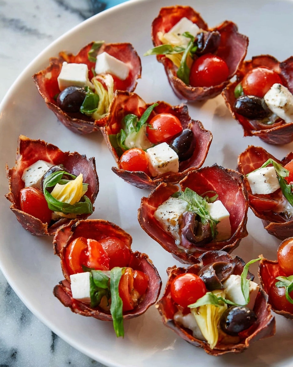 Small cups made from brown crispy slices hold a colorful mix of small red cherry tomatoes, white mozzarella balls, yellow artichoke pieces, black olives, and thin green basil strips, all balanced in each cup. The cups are arranged closely on a white plate with a white marbled surface in the background. Each cup's crumpled edges rise high, adding texture and depth. The colors of the filling pop against the warm brown shells and clean white base, making the dish look fresh and inviting. photo taken with an iphone --ar 4:5 --v 7