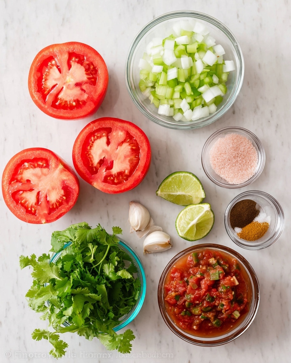 The image shows fresh ingredients laid out on a white marbled surface: four red tomato halves with a juicy texture in the center, a small bunch of bright green cilantro with leafy tops at the bottom center, a glass bowl with light green chopped bell pepper pieces in the top left, a glass bowl of white onion pieces in the top center, two halves of a lime with pale green flesh in the top right, a small glass bowl filled with pink salt beside it, a glass bowl with three different spices - one brown, one dark brown, and one yellowish ground spice at the bottom right, a small glass bowl with chunky red salsa with visible bits of vegetables in the middle right, and two garlic cloves are placed near the tomatoes on the left side. The ingredients are arranged neatly and brightly lit. photo taken with an iphone --ar 4:5 --v 7