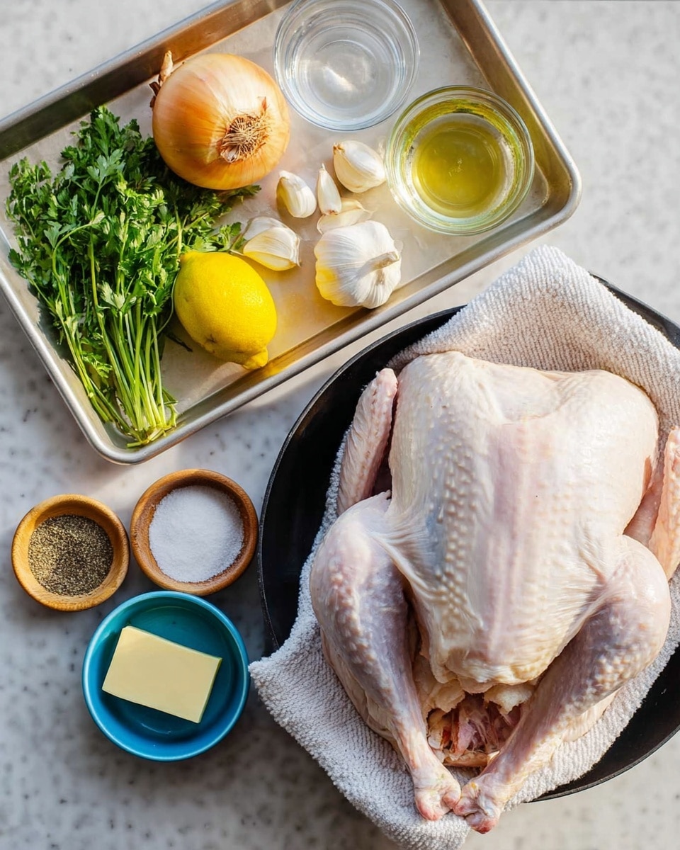 The image shows a raw whole turkey placed in a black pan lined with white cloth on a white marbled surface. To the left, there is a metal baking tray with various ingredients neatly arranged: a bunch of green herbs at the top left, two onions with light brown skins next to the herbs, a whole yellow lemon below the herbs, several garlic cloves in the center, a small glass bowl with clear liquid, a small wooden bowl with coarse white salt, a small blue bowl with ground black pepper, and a stick of butter with part unwrapped at the bottom left of the tray. The colors are natural and fresh, with soft lighting highlighting the textures of the turkey skin and ingredients. photo taken with an iphone --ar 4:5 --v 7