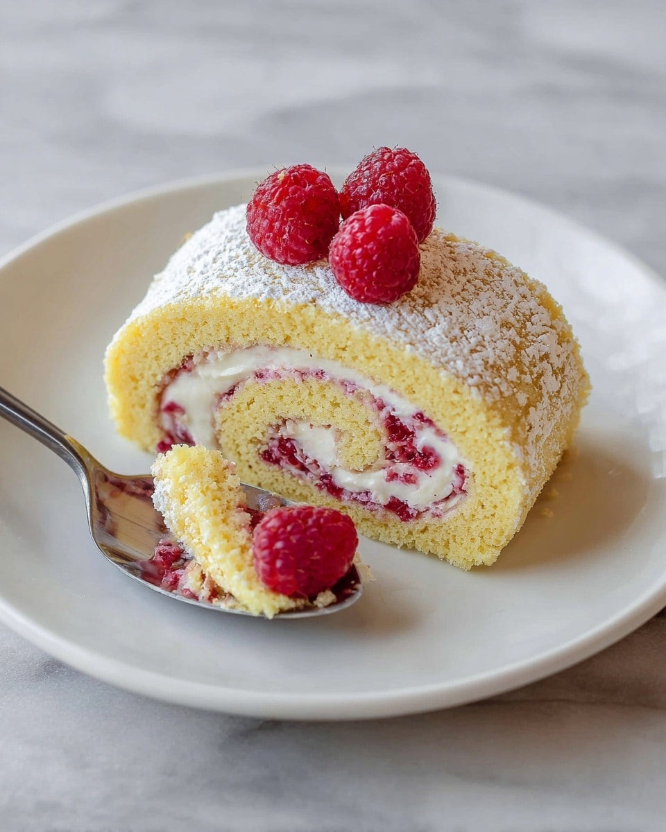 A single yellow sponge cake roll with three layers clearly visible: a light yellow outer cake layer dusted with powdered sugar, a thick white cream layer with red raspberry pieces swirled inside, and a spiral shape showing the filling inside the roll. On top, three fresh red raspberries sit in the center, with one raspberry on the white plate near the roll. A small piece of the roll is on a silver spoon resting on the plate, showing the same three layers in a smaller section. The plate is placed on a white marbled surface. Photo taken with an iphone --ar 4:5 --v 7