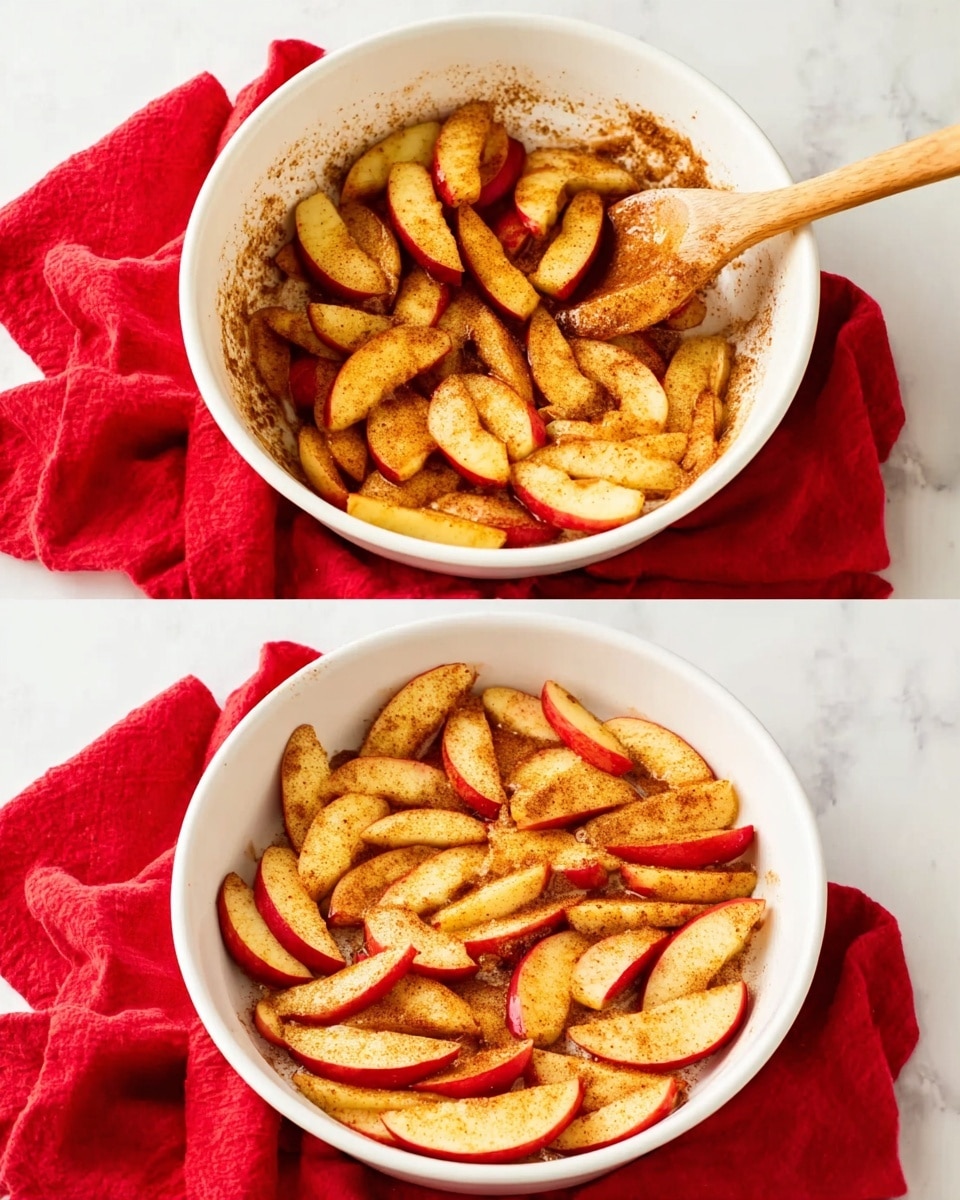 The image shows two side-by-side views of apple slices coated with a cinnamon mixture. On the left, a white bowl holds the apple slices mixed with the cinnamon seasoning, with a wooden spoon standing inside, resting on a white marbled surface with a bright red cloth nearby. The apple slices are yellowish with red skins and a slight brownish tint from the cinnamon coating. On the right, the cinnamon-coated apple slices are arranged flat and spread evenly in a white round ceramic baking dish on the same white marbled surface with the red cloth beneath. Photo taken with an iphone --ar 4:5 --v 7