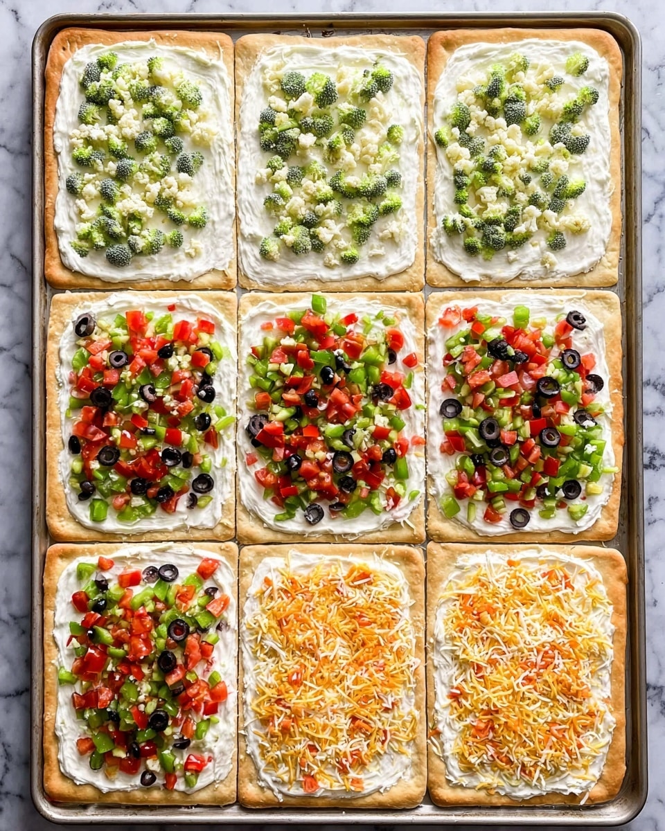 A rectangular baked pizza crust on a white marbled surface shows eight stages of topping. The first layer spreads a thick, creamy white sauce over the crust. Next, small green broccoli pieces scatter evenly on top. Then, chopped cauliflower is added, mixing with the broccoli. After that, tiny diced red tomatoes spread over the white sauce and vegetables. In the fifth stage, more diced cherry tomatoes and chopped green bell peppers cover the surface densely. Sliced black olives are added next, scattered evenly over the colorful veggies. The seventh layer sprinkles a blend of shredded yellow, orange, and white cheese on top. Finally, the pizza shows an even layer of melted cheese mixed with the fresh vegetable toppings, ready to serve, photo taken with an iphone --ar 4:5 --v 7