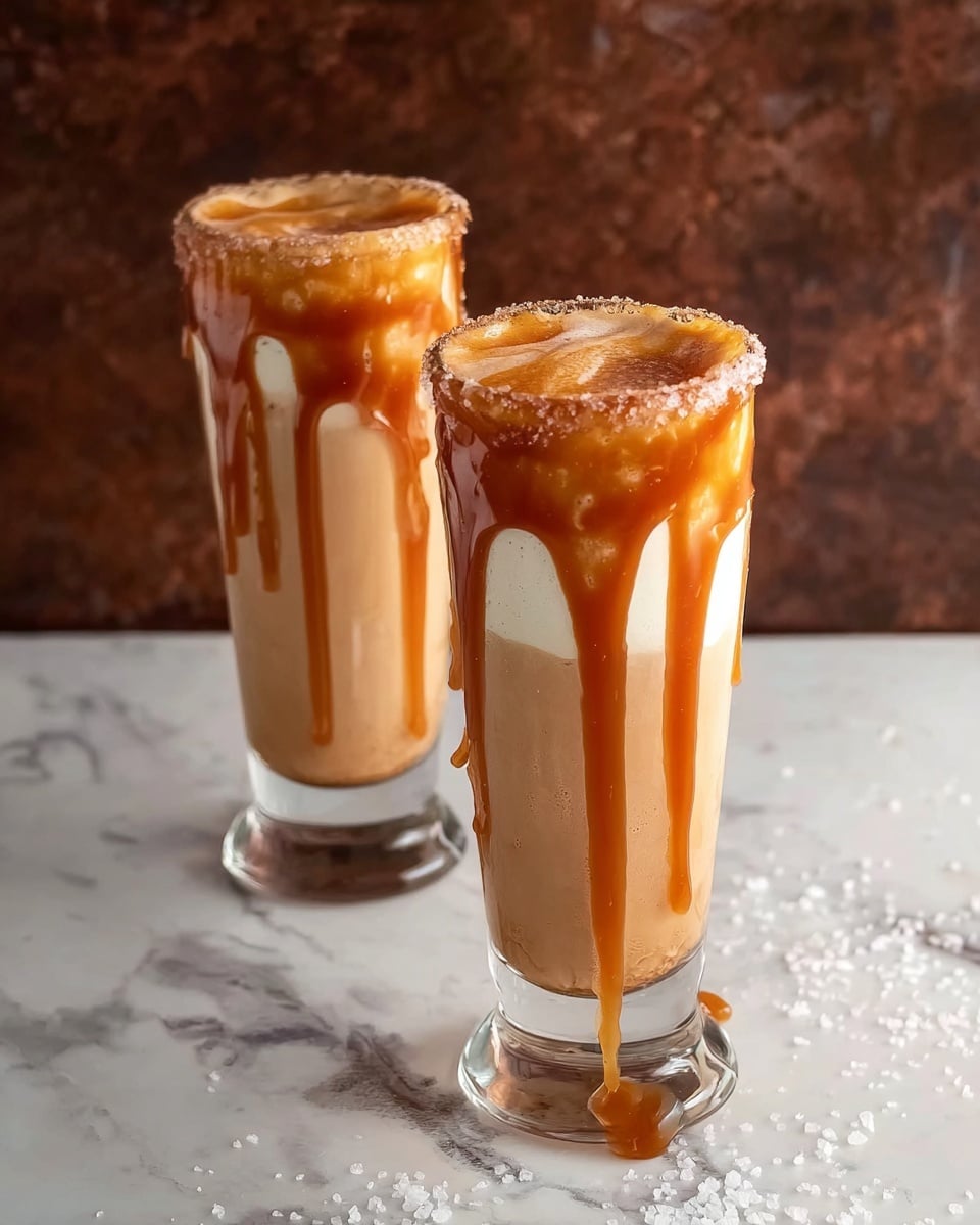 Two tall clear glasses are filled with a creamy light brown drink that has a frothy top layer. Thick caramel sauce drips down the inside and outside edges of each glass, creating rich dark golden lines over the creamy color. The glasses are set on a white marbled surface with some scattered salt or sugar crystals around them. The background is a textured dark brown wood. Photo taken with an iphone --ar 4:5 --v 7